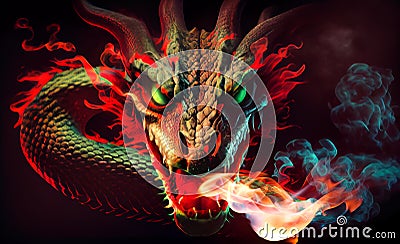 head of a dragon with fire and flames of smoke, Generative AI Stock Photo