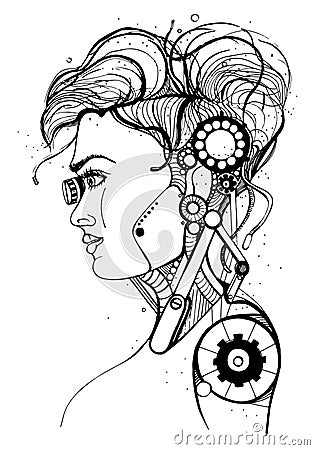 Head female cyborg. Concept silhouette, skull, profile beautiful girl. Contour vector illustration on white background. Vector Illustration