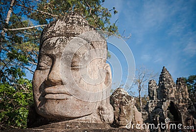Head of gate guardian, Angkor, Cambodia Stock Photo