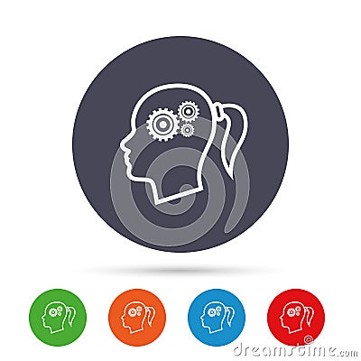 Head with gears sign icon. Female woman head. Vector Illustration