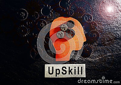 Head and gears with Upskill text Stock Photo