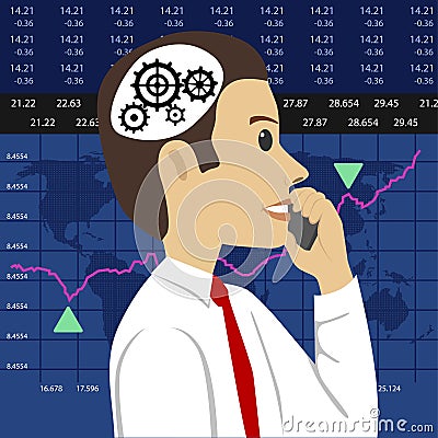 Head and gears. Young stock broker talking on phone over charts of financial instruments with various type of indicators Vector Illustration