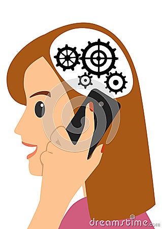 Head and gears. Young woman talking on the phone Vector Illustration