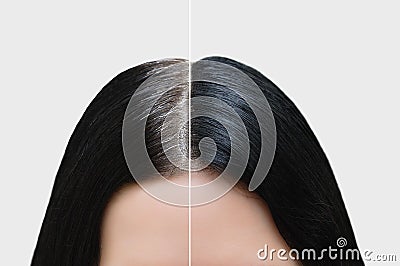 Head of a girl with black gray hair. Hair coloring. Before and after Stock Photo