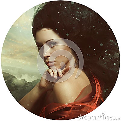 Portrait of a beautiful girl. Surrealism. Computer art. Thoughts Stock Photo