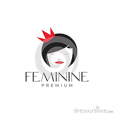 Head girl head feminine with crown beautiful logo design vector graphic symbol icon illustration creative idea Cartoon Illustration