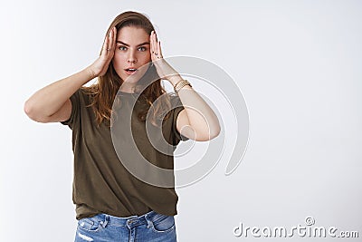 Head goes round enough. Portrait bothered fed up woman exhausted head aches feeling painful migraine suffering headache Stock Photo