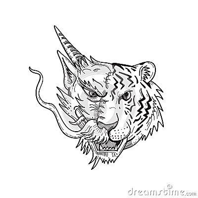 Head of a Half Chinese Dragon Half Bengal Tiger Front View Drawing Vector Illustration