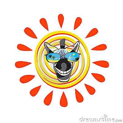 Head of happy smiling zebra in sunglasses on background of stylized sun Vector Illustration