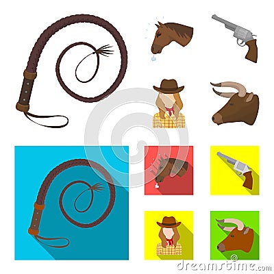 Head of a horse, a bull`s head, a revolver, a cowboy girl. Rodeo set collection icons in cartoon,flat style vector Vector Illustration