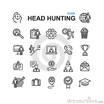 Head Hunting Black Thin Line Icon Set. Vector Vector Illustration