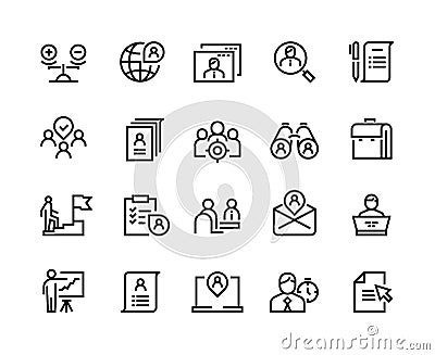 Head hunting line icons. Job interview career candidate company human resources people search. Corporate professional Vector Illustration