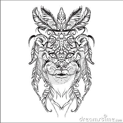 Head, leopard, panther, lion, feathers, Stock Photo