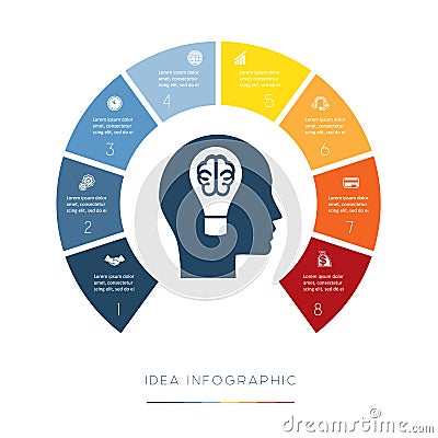 Head, lightbulb, brain. Conceptual idea infographic. Vector temp Vector Illustration