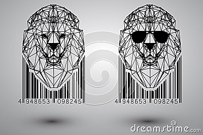 Head of lion from triangles, lines and dots with barcode Vector Illustration