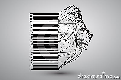 Head of lion from triangles, lines and dots with barcode Vector Illustration