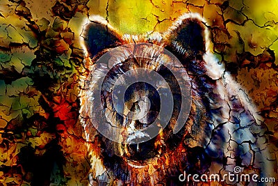 Head of mighty brown bear, oil painting on canvas and graphic collage. Eye contact. Stock Photo