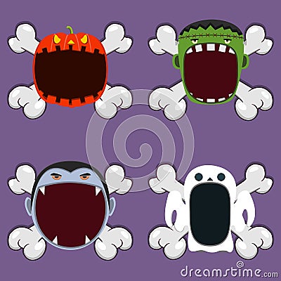 Head Monster Design With Pumpkin, Frankenstein, Dracula and Ghost. On Skull and Open Mouth Vector Illustration