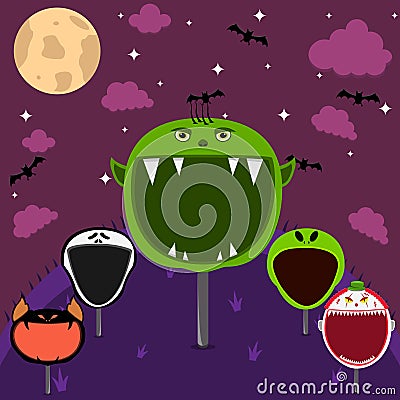 Head Monster Set in Field and Night. Big Goblin Head, Scream, Creepy Bat, Creepy Clown and Alien Vector Illustration