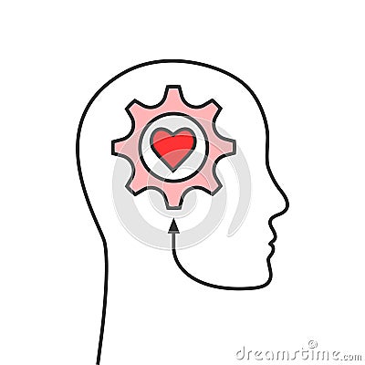 Head outline with gear and heart shape as mental health, well-being, inspiration, emotional intelligence concept Vector Illustration