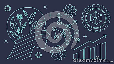 Head outline with gears & graph, mind process tech vector design Generative AI Vector Illustration