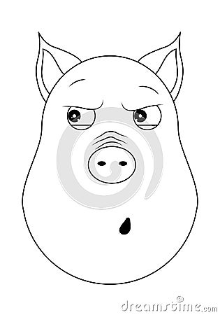 Head of paranoid pig in outline style. Kawaii animal. Vector Illustration