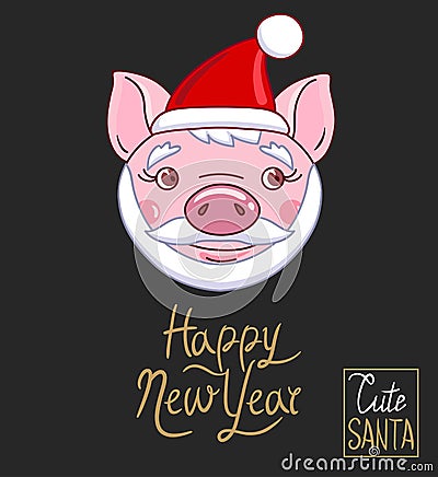 The head of a piglet dressed in a Santa Claus hat, beard and mustache Vector Illustration