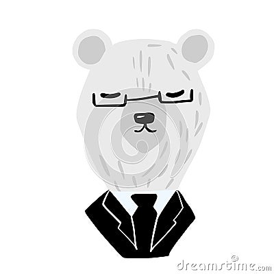 Head polar bear on white background. Cute character businessman in black suit and glass Cartoon Illustration