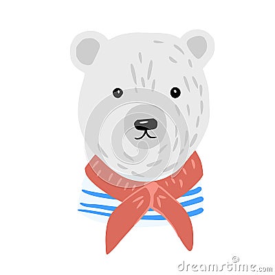 Head polar bear on white background. Cute character cabin boy in striped jacket and red scarf Cartoon Illustration