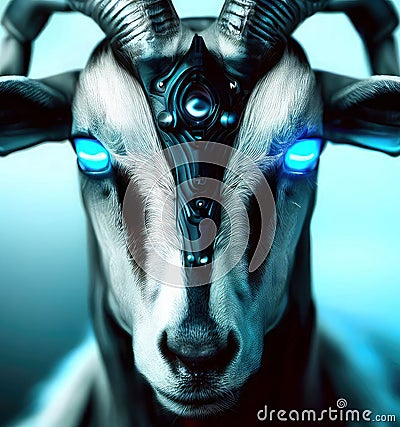 Head portrait of a cyborg goat intricate details. Eid ul adha poster Stock Photo