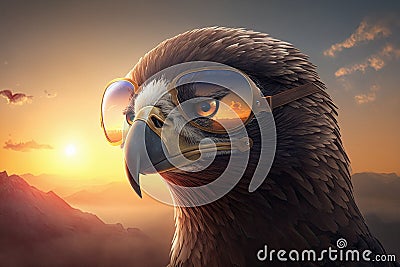 Proud majestic eagle wearing aviators during stunning sunset Stock Photo