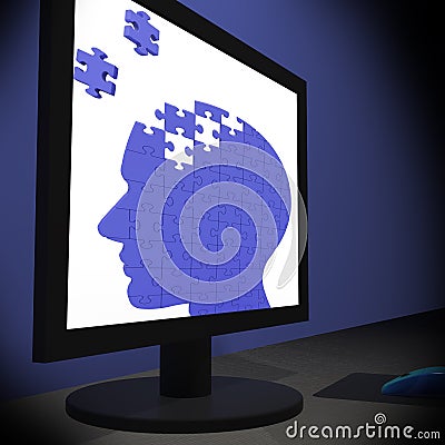 Head Puzzle On Monitor Showing Human Brightness Stock Photo