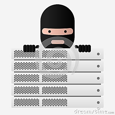 Head of the ransomware and server rack. Virus encryptor. Vector Illustration