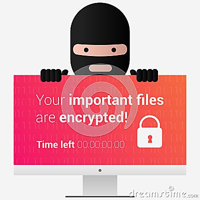 Head of the ransomware. Virus encryptor message on pc screen. E Vector Illustration