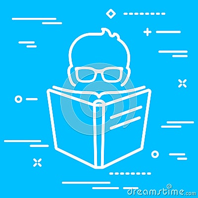 Head of reader with glasses behind a big linear book icon over b Vector Illustration