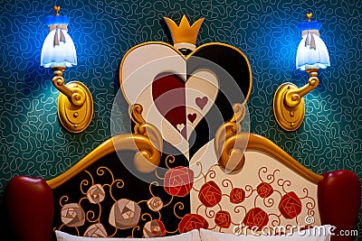 Head rest and lamps in Alice in Wonderland themed room at Tokyo Disney Sea Editorial Stock Photo
