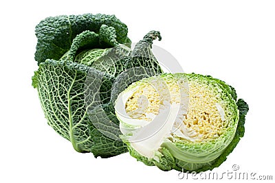 Head of ripe Savoy cabbage and half isolated Stock Photo