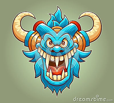 Head of roaring monster with horns and bared teeth Vector Illustration