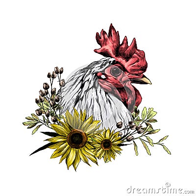 Head of the rooster in profile with wreath in the form of a frame of sunflower leaves and dry grass from below Vector Illustration