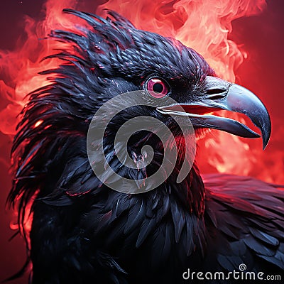 Head of scary black raven with large predatory beak on background of red flames, horror, nightmare, Halloween Stock Photo