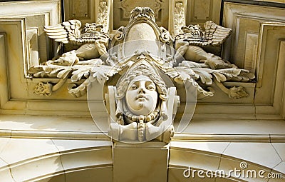 Head sculpture decoration detail on a tenement Editorial Stock Photo