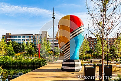 The Head sculpture by Jun Kaneko at Gene Leahy Mall, The Riverfront Omaha Nebraska. Editorial Stock Photo