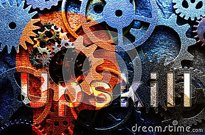 Head shape with assorted metal machine gears and Upskill text Stock Photo