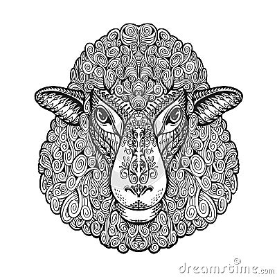 Head sheep. Ethnic patterns. Hand drawn vector illustration with floral elements. Lamb, animal symbol Vector Illustration