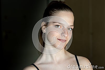 Head shot confident teenager woman, positive human expression, home background, indoors Stock Photo