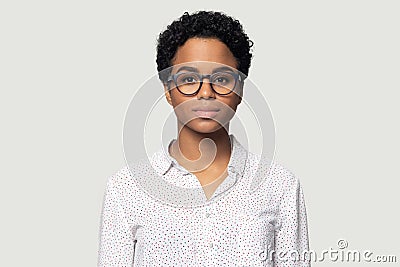 Head shot portrait beautiful young African American woman in glasses Stock Photo