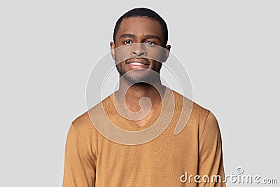 Head shot portrait confident African American man with healthy smile Stock Photo