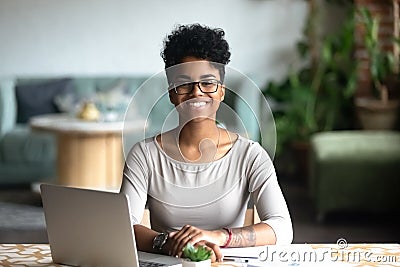 Head shot portrait of smiling African American woman Stock Photo