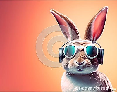 Head and shoulder portrait of adorable rabbit with eyeglasses and earphones Stock Photo