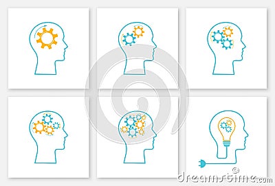 Head silhouette lightbulb inspiration concept set Vector Illustration